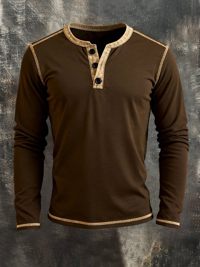 Camiseta retro Stitching Contrast Color Henley cuello de manga larga para hombre