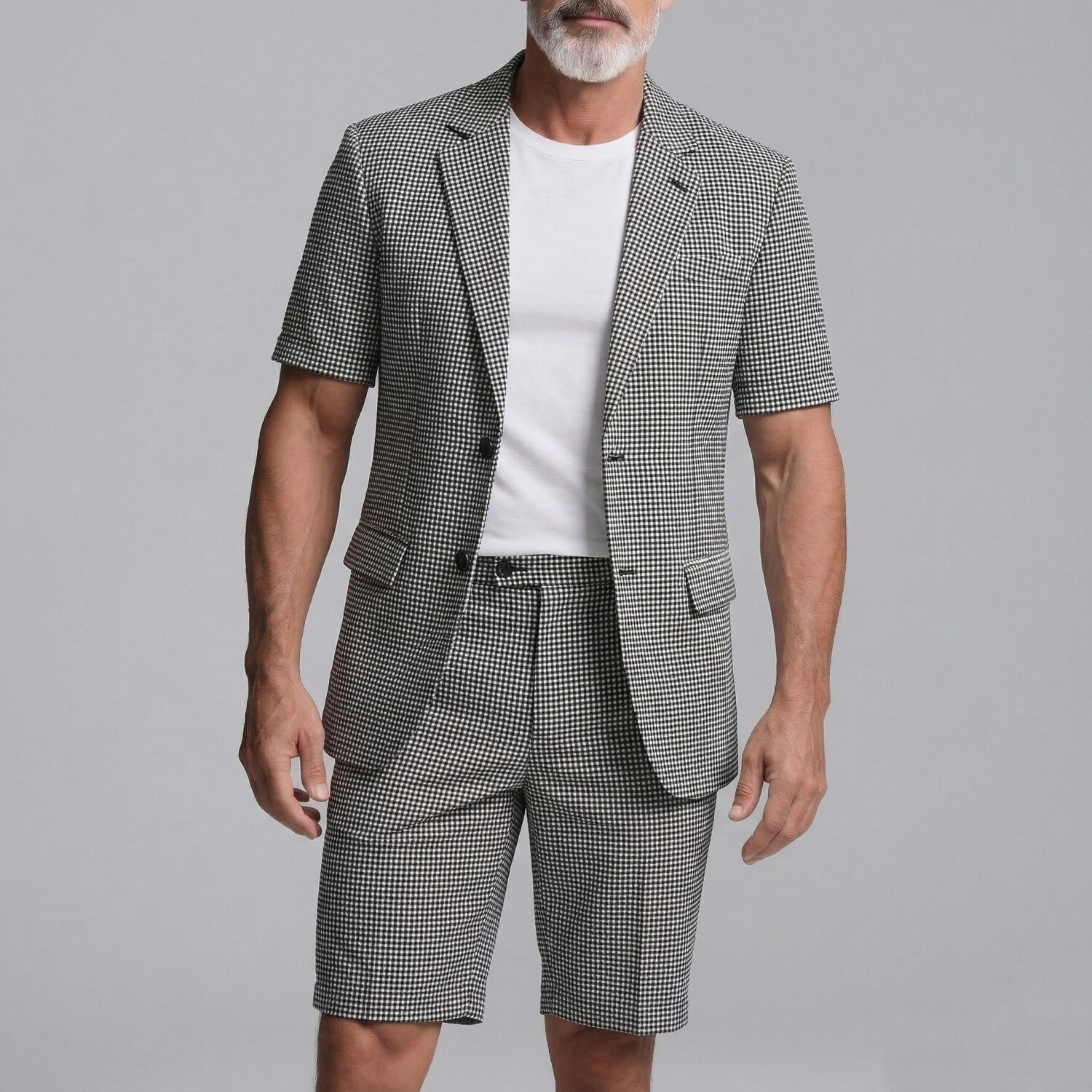 Saco Black a cuadros estampado Notched Lapel de manga corta & shorts ejecutivo casual 2Pcs Suit para hombre