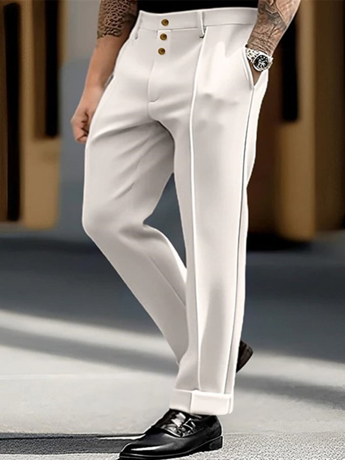 Casual de color sólido Button Trousers para hombre