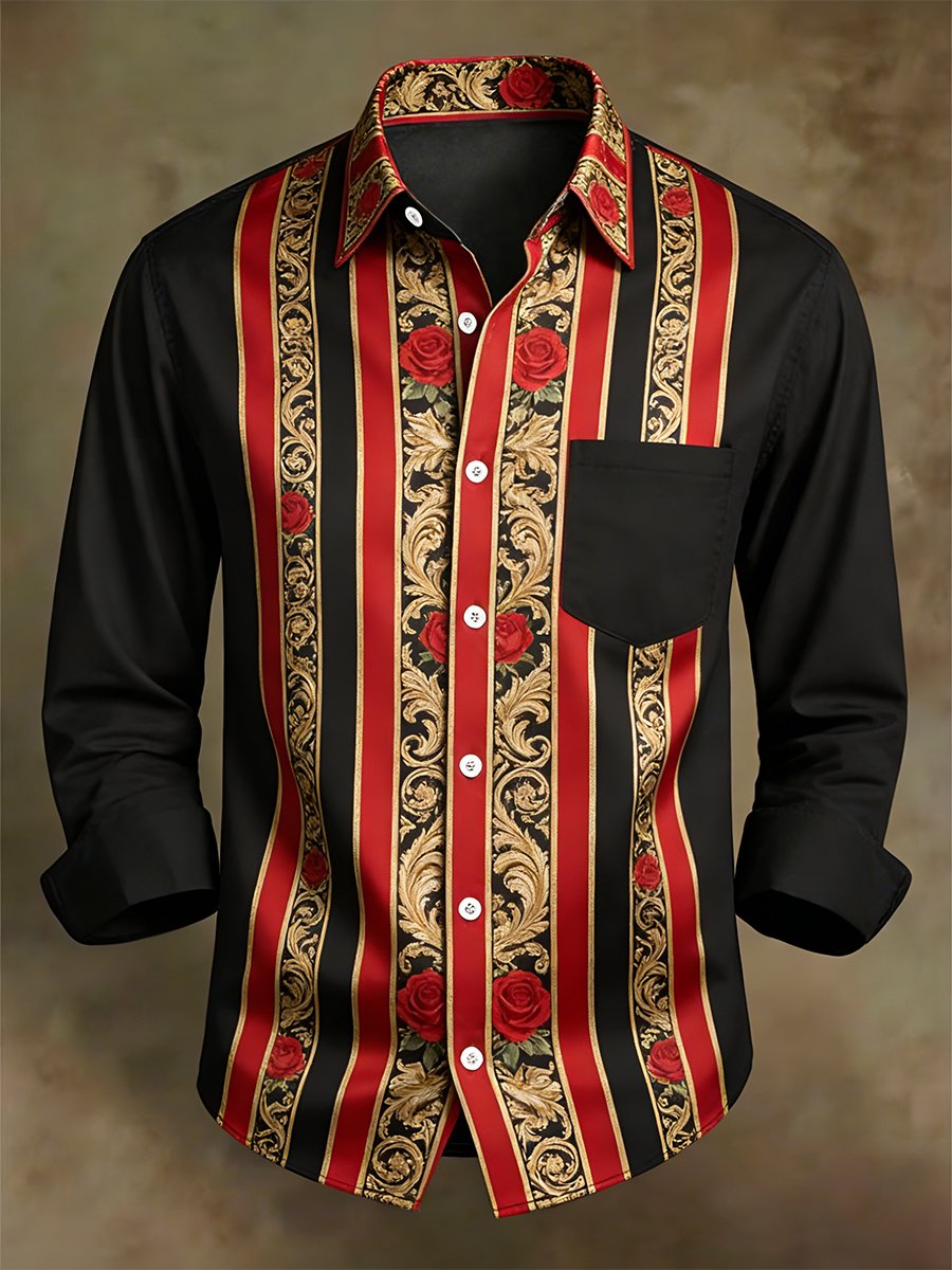 Camisa retro ejecutivo casual Baroque Rose a rayas de manga larga para hombre