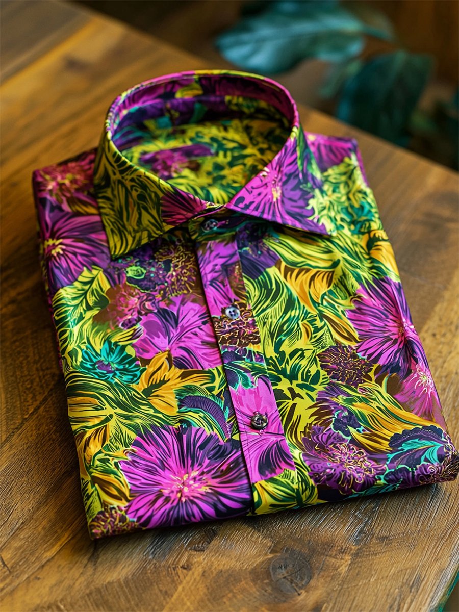 Camisa satén Luxe hawaiano estampado de manga corta Button para hombre