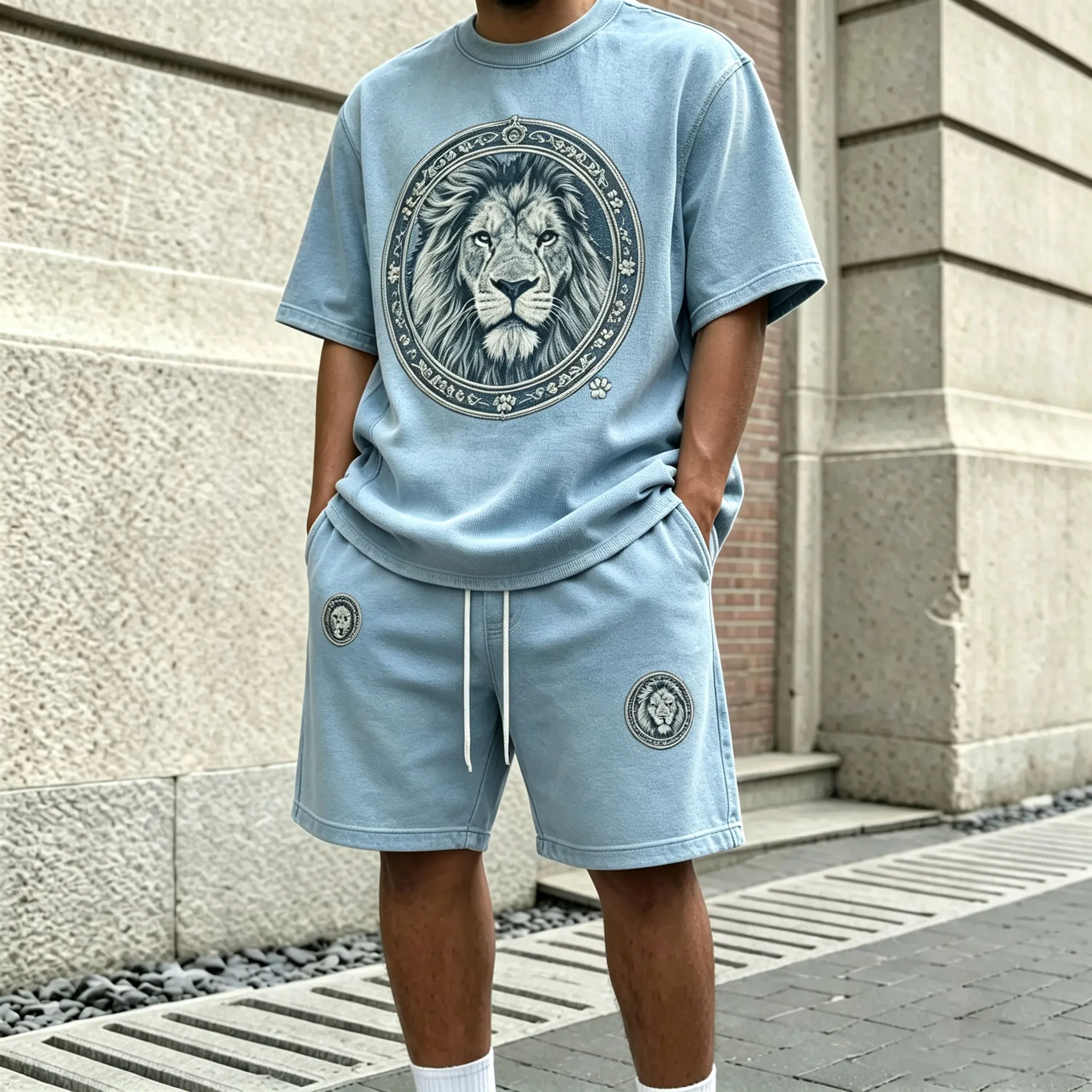 para hombre Light Blue Lion-Print Round-Neck de manga corta camiseta and shorts Set