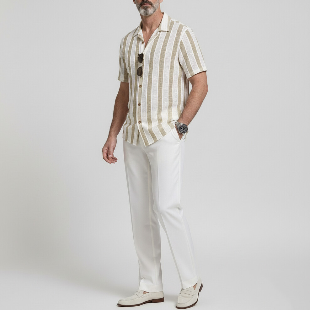 Camisa Contrast rayas Turndown Collar Button Up ejecutivo casual de manga corta para hombre