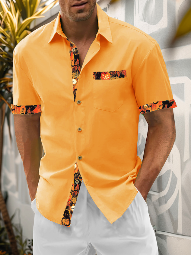 Camisa de algodón Plain Stitching Halloween Pumpkin Cat Hawaiian