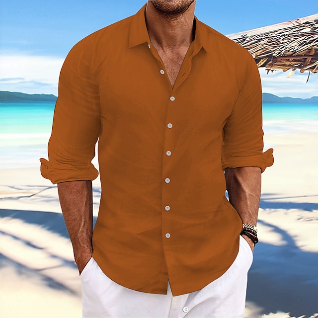 Camisa de lino Summer camisa Beach Wear casual camisa Button Up camisa Plain casual para uso diario Light Yellow White Pink Dark Navy de manga larga Spring & Summer Clothing Apparel para hombre