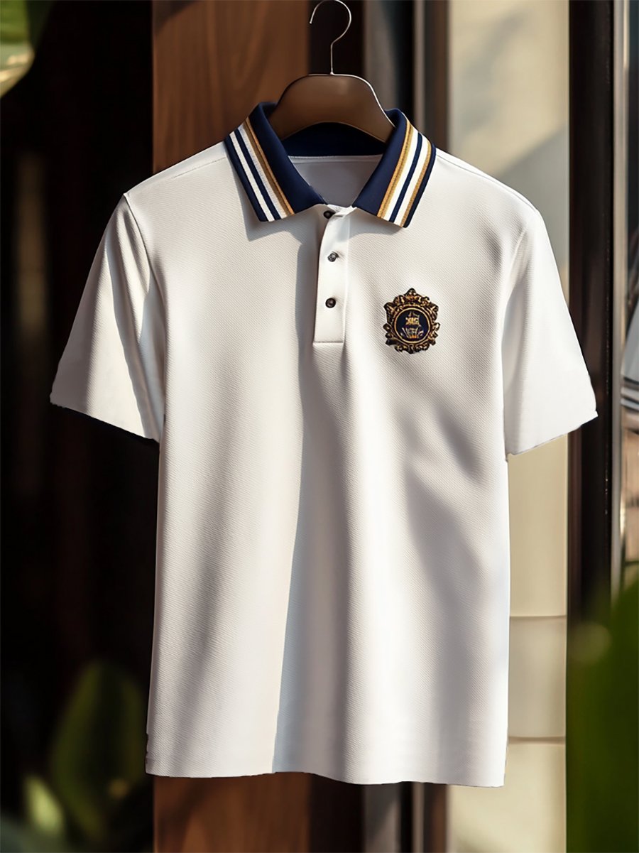 Camisa polo ejecutivo rayas Logo con botones de manga corta para hombre