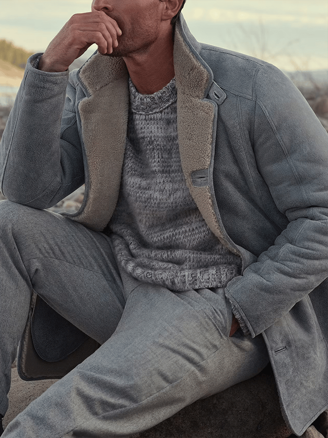para hombre de modaable Open Pocket Button Design Imitation Leather Plush Warm Coat