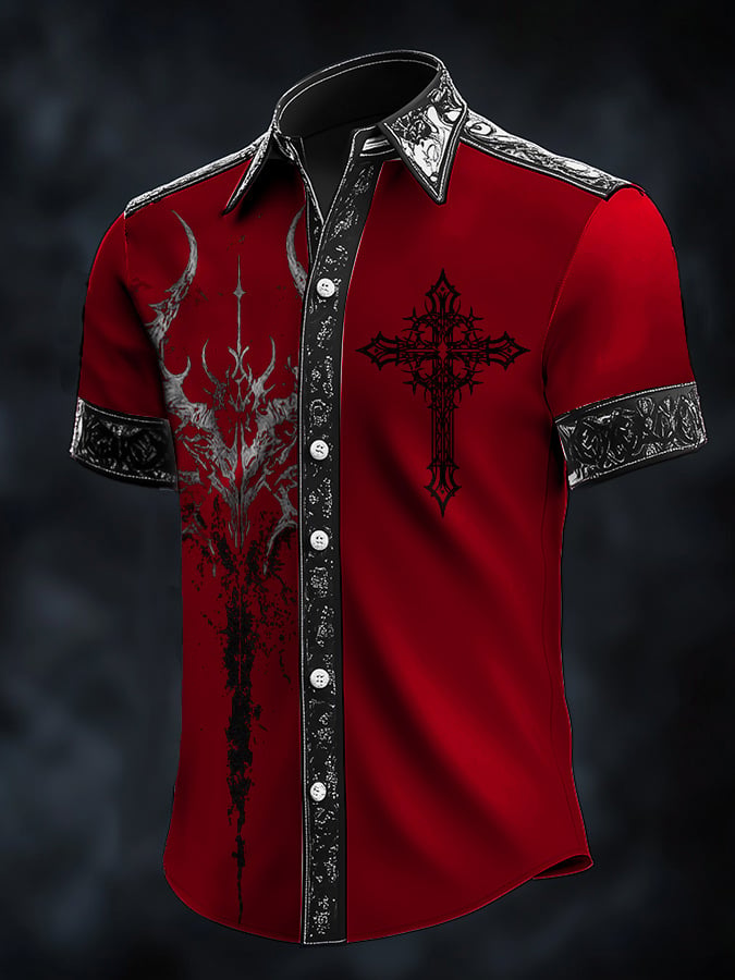 Camisa casual de moda Dark diseño Cross Crow Contrast satén para hombre