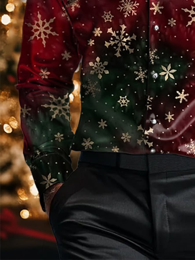 Camisa de lujo Christmas Contrast Color estampado de manga larga para hombre