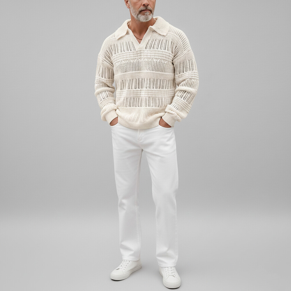 Camisa casual Solid Collar Hollow Out Crochet de manga larga Sweaters para hombre