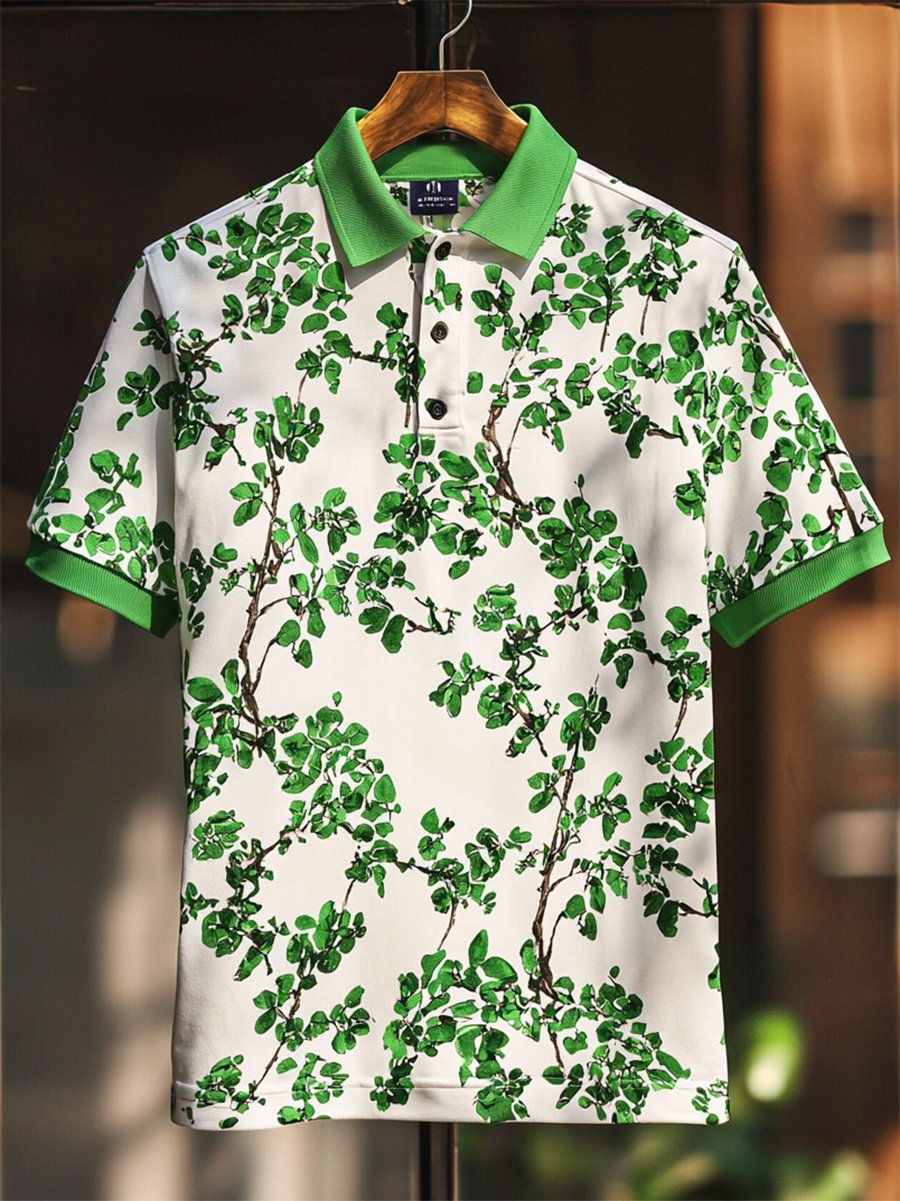 Camisa polo Resort floral estampado Button de manga corta para hombre