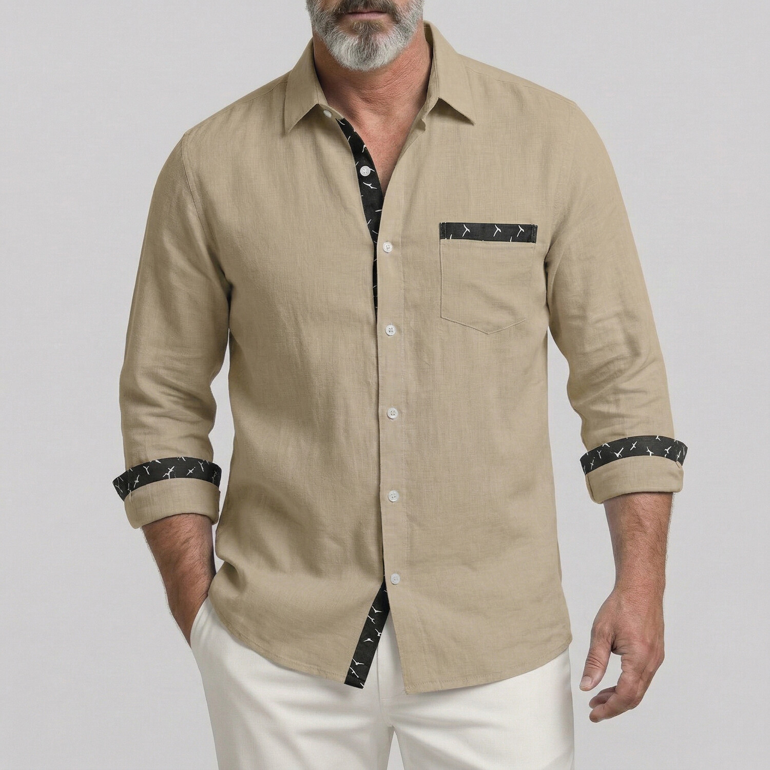 Camisa Vacation Sky Blue Contrast Trim Sea Gull estampado Chest Pocket de manga larga para hombre