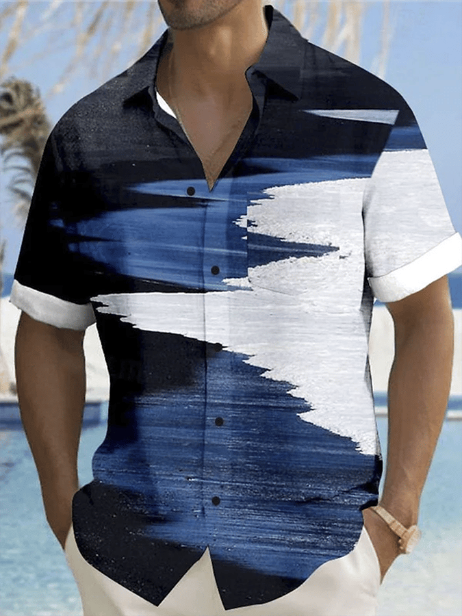 Camisa retro degradado geométrico Art estampado de manga corta bolsillos para hombre