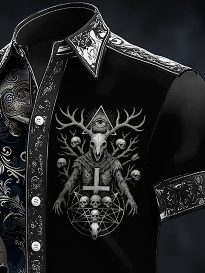 Camisa casual Dark Skull Demon Art satén para hombre