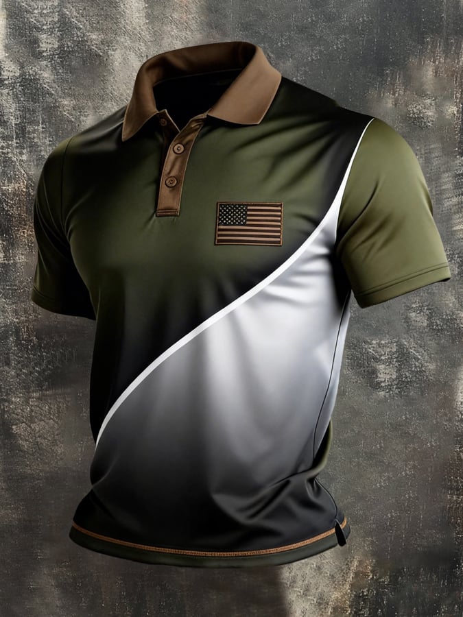 Retro Patriot en bloques de color Polo Collar de manga corta para hombre