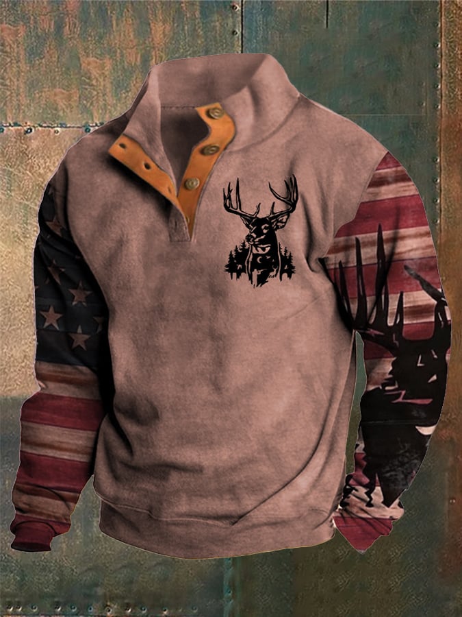 Sudadera Western Style estampado Stand cuello Button para hombre