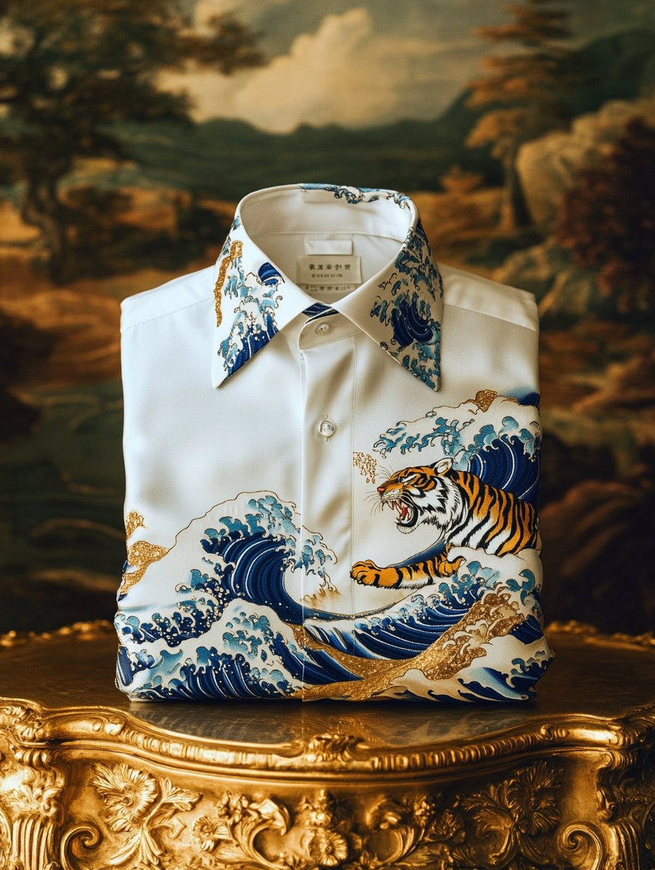 Camisa Ukiyo-e de lujo satén de manga larga para hombre