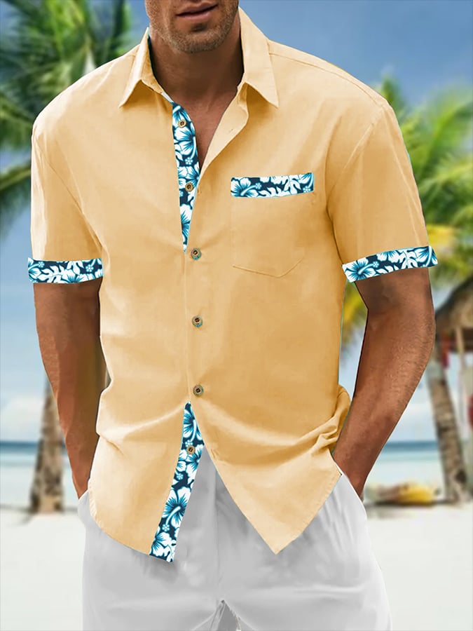 Camisa Resort Style Contrast estampado casual de manga corta para hombre