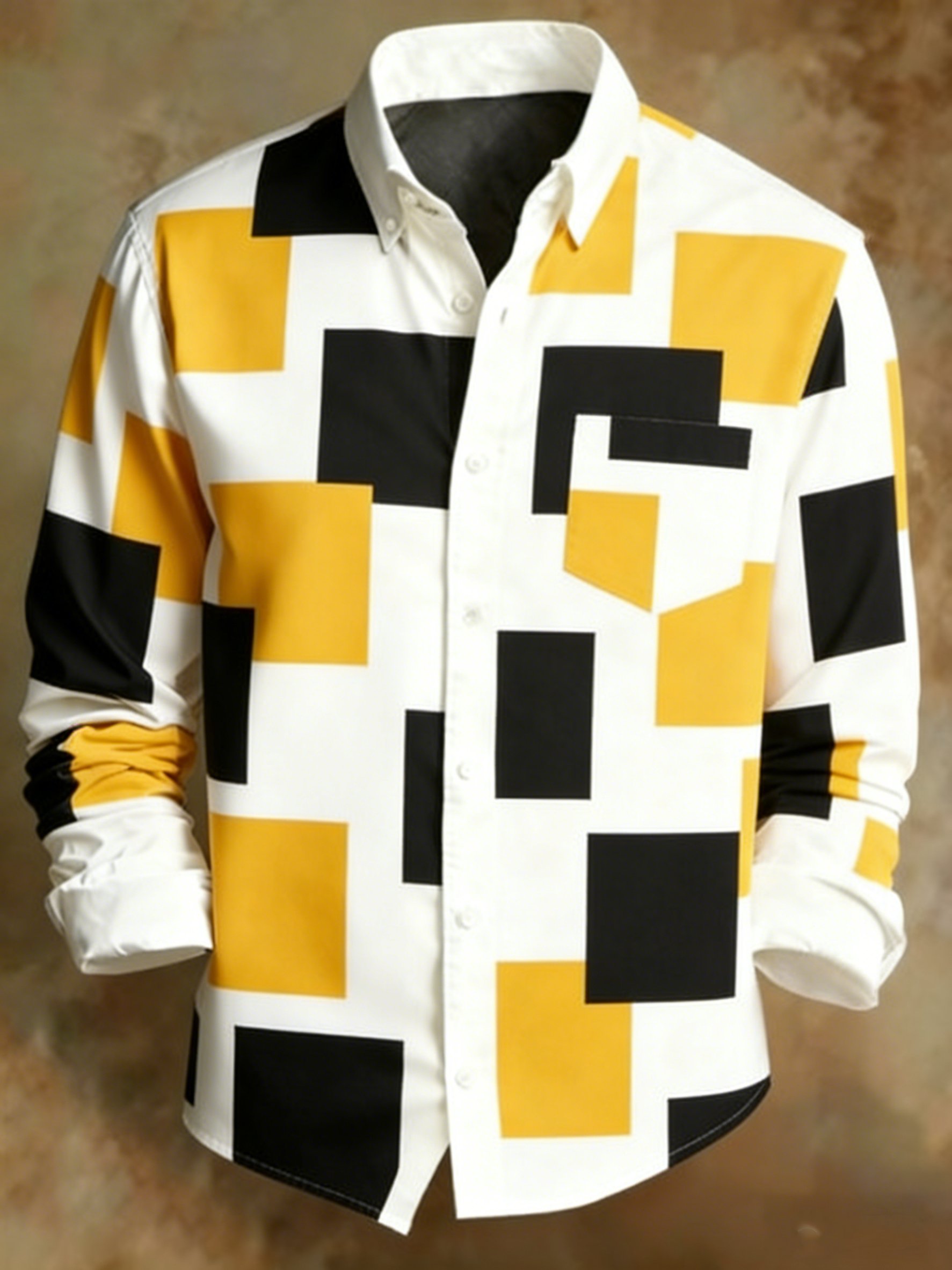 Camisa retro Abstract Art estampado Colorblock a cuadros Pattern ejecutivo Style para hombre