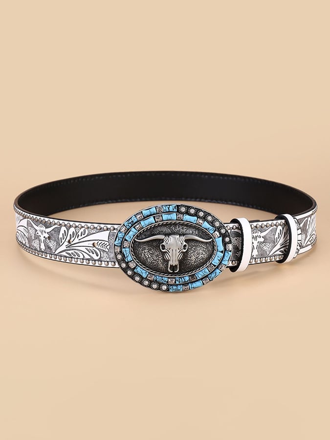 Cinturón retro Western Style Cow Head Beaded Embossed Decorative