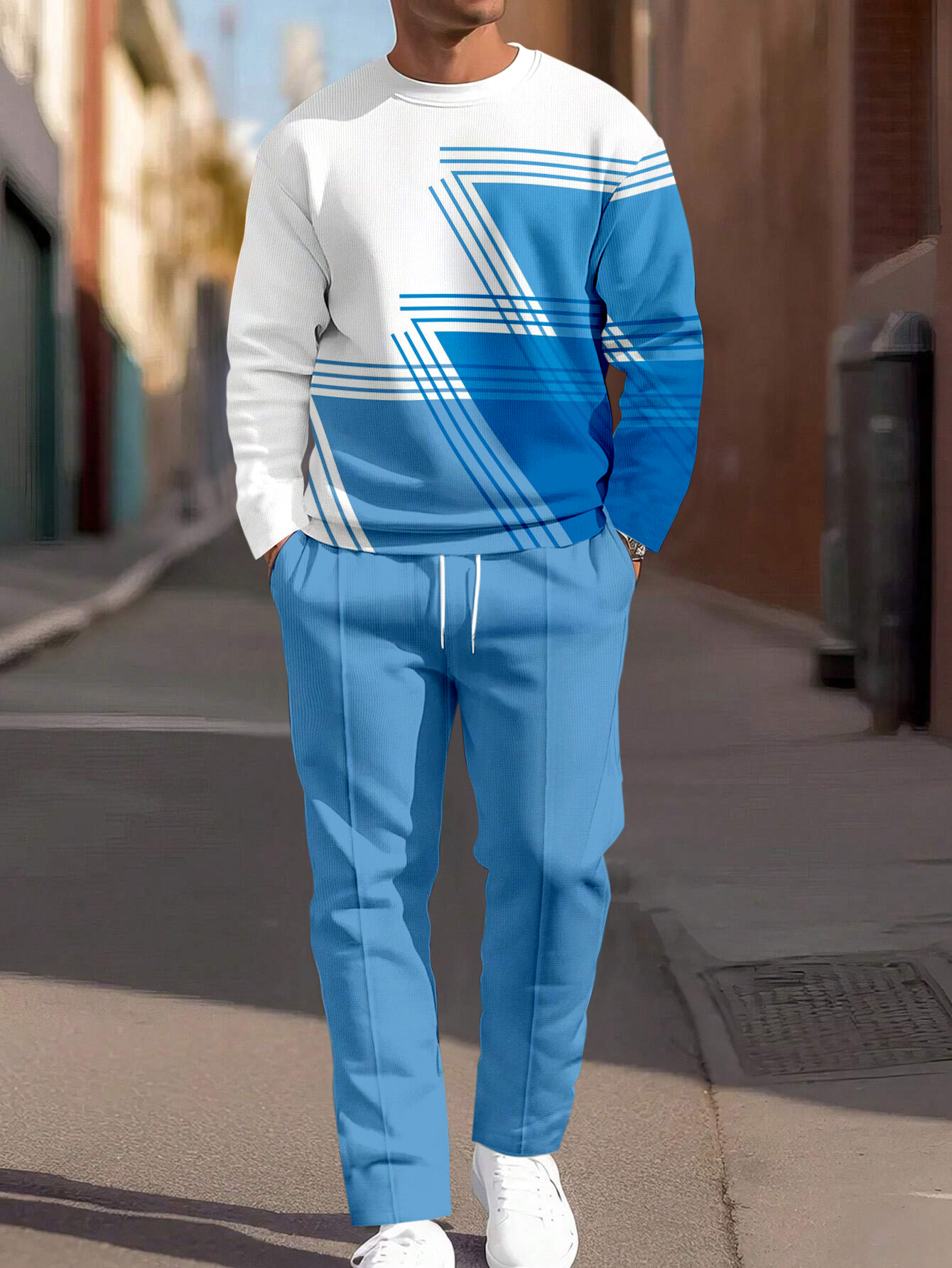 Simple Colorblock Round Neck casual Sports Set 078 para hombre