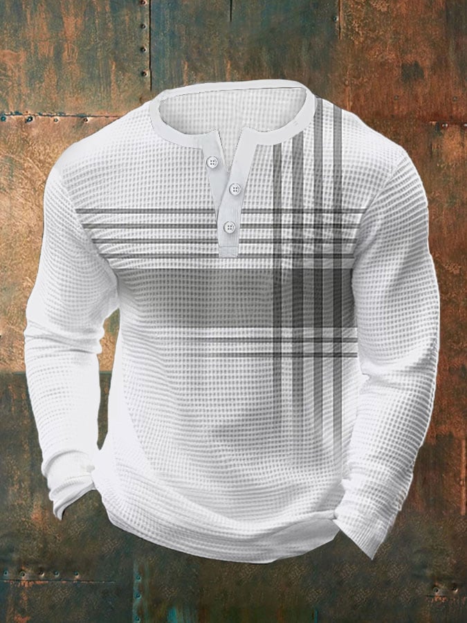 Camisa polo vintage casual Henley Waffle de manga larga para hombre