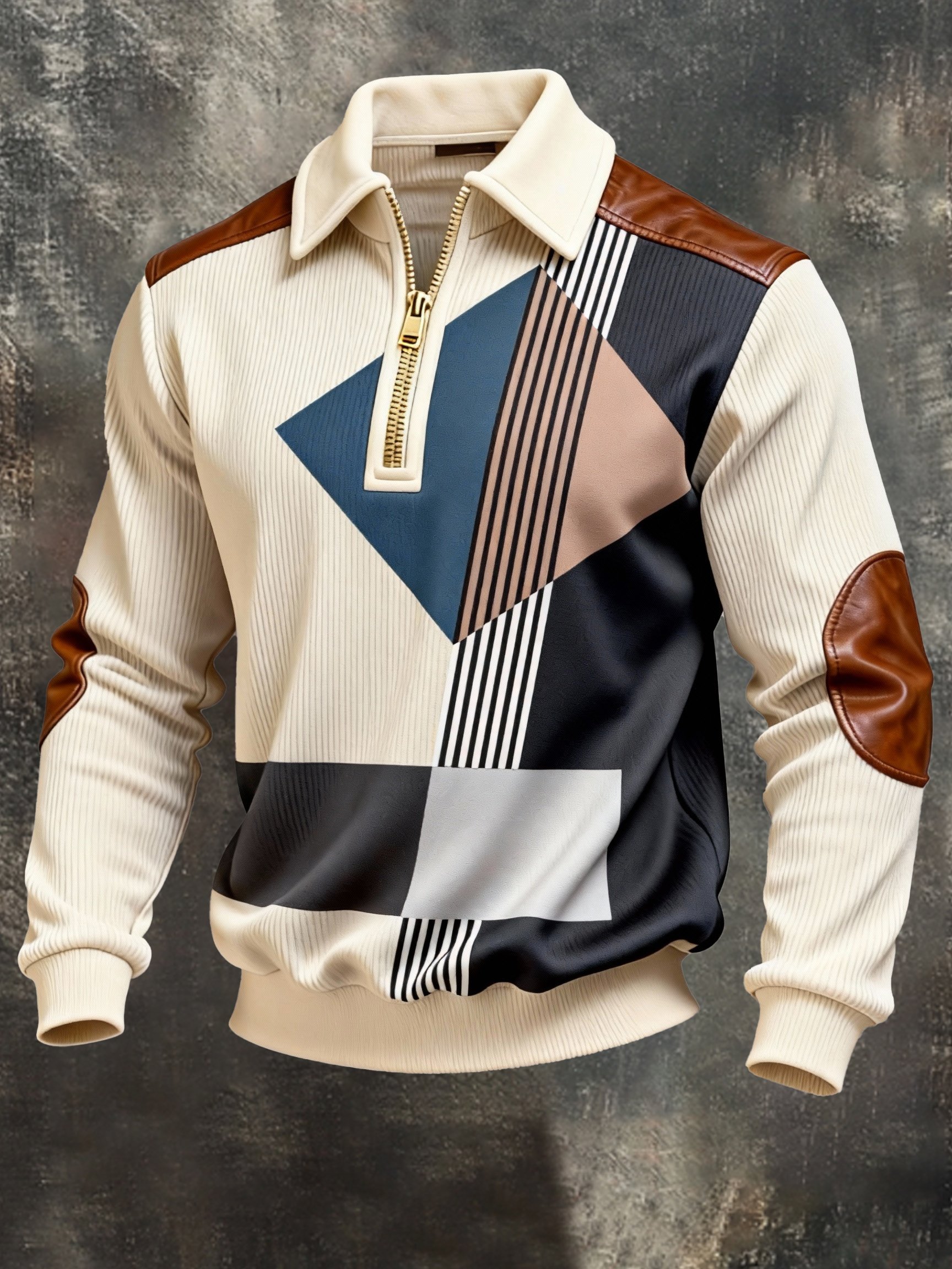 Sudadera vintage Color-Block estampado con cierre con gorrasucha para hombre