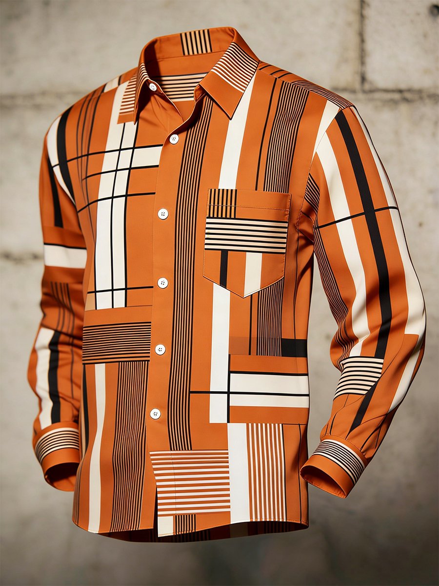 Camisa retro ejecutivo Bag House Geometric de manga larga para hombre