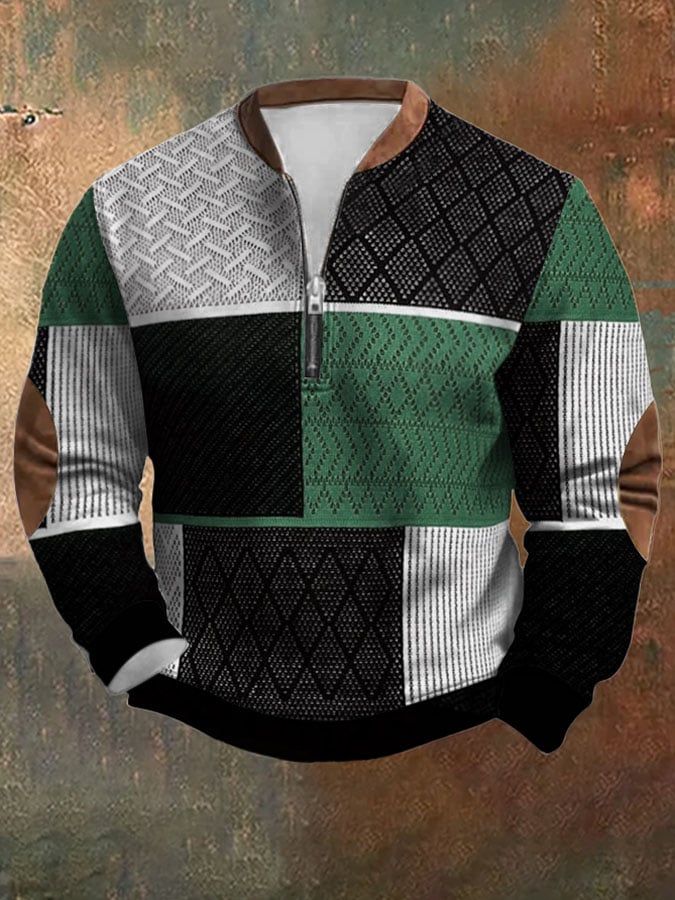 Sudadera retro Western texturizado estampado Zip cuello para hombre
