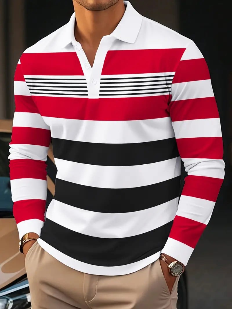 Camisa polo ejecutivo casual a rayas de manga larga para hombre