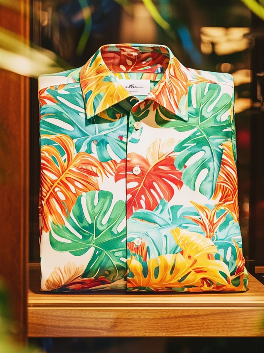 Camisa satén Luxe hawaiano estampado de manga corta Button para hombre