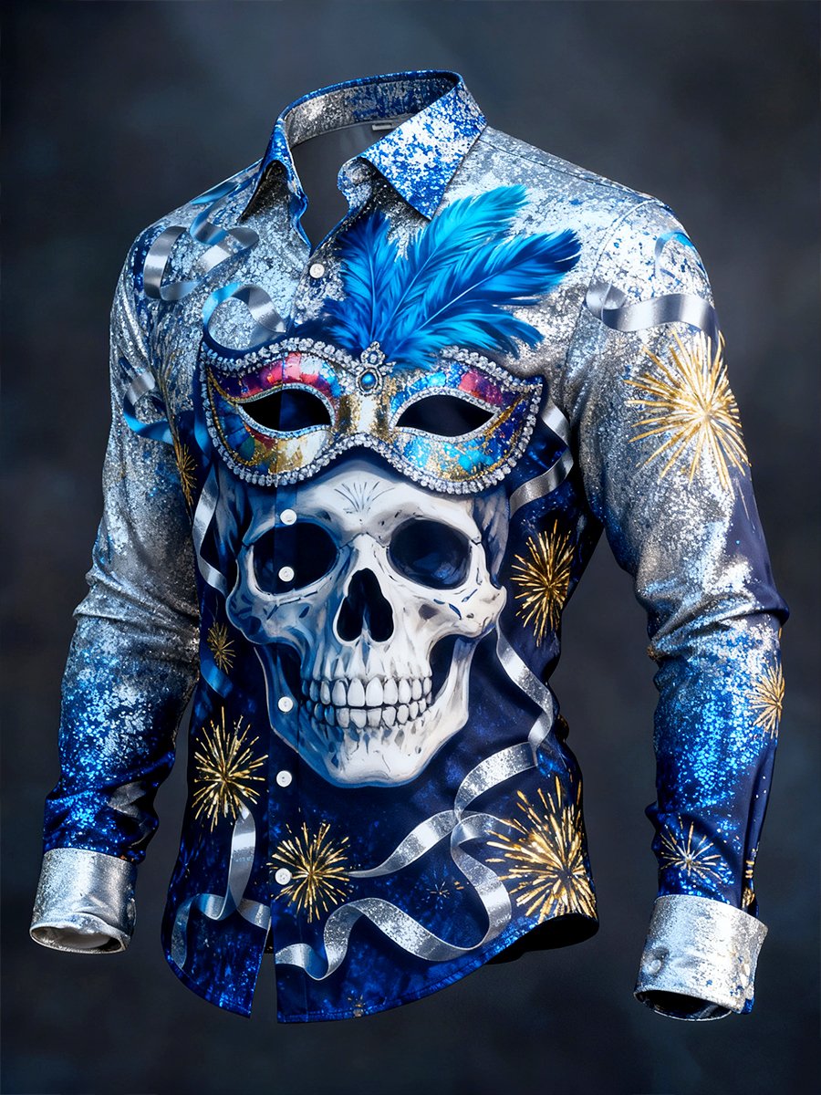 Camisa retro Carnival Skull de manga larga para hombre