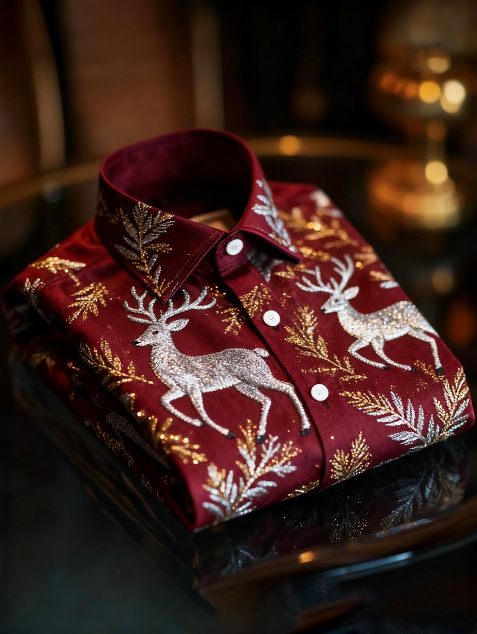Camisa de lujo Christmas Party de manga larga con botones para hombre