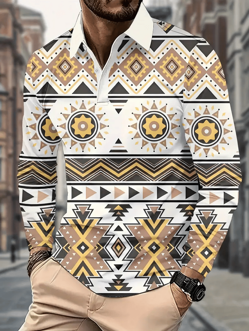 Camisa polo retro ejecutivo rayas estampado de manga larga para hombre