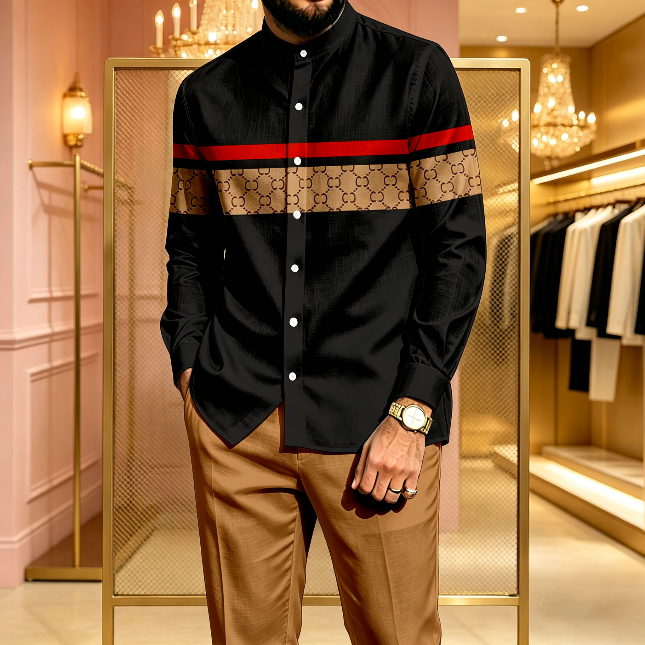 para hombre casual conjunto de dos piezas: de manga larga camisa with estampado Stand-Up Collar and Chest Strap, and pantalón