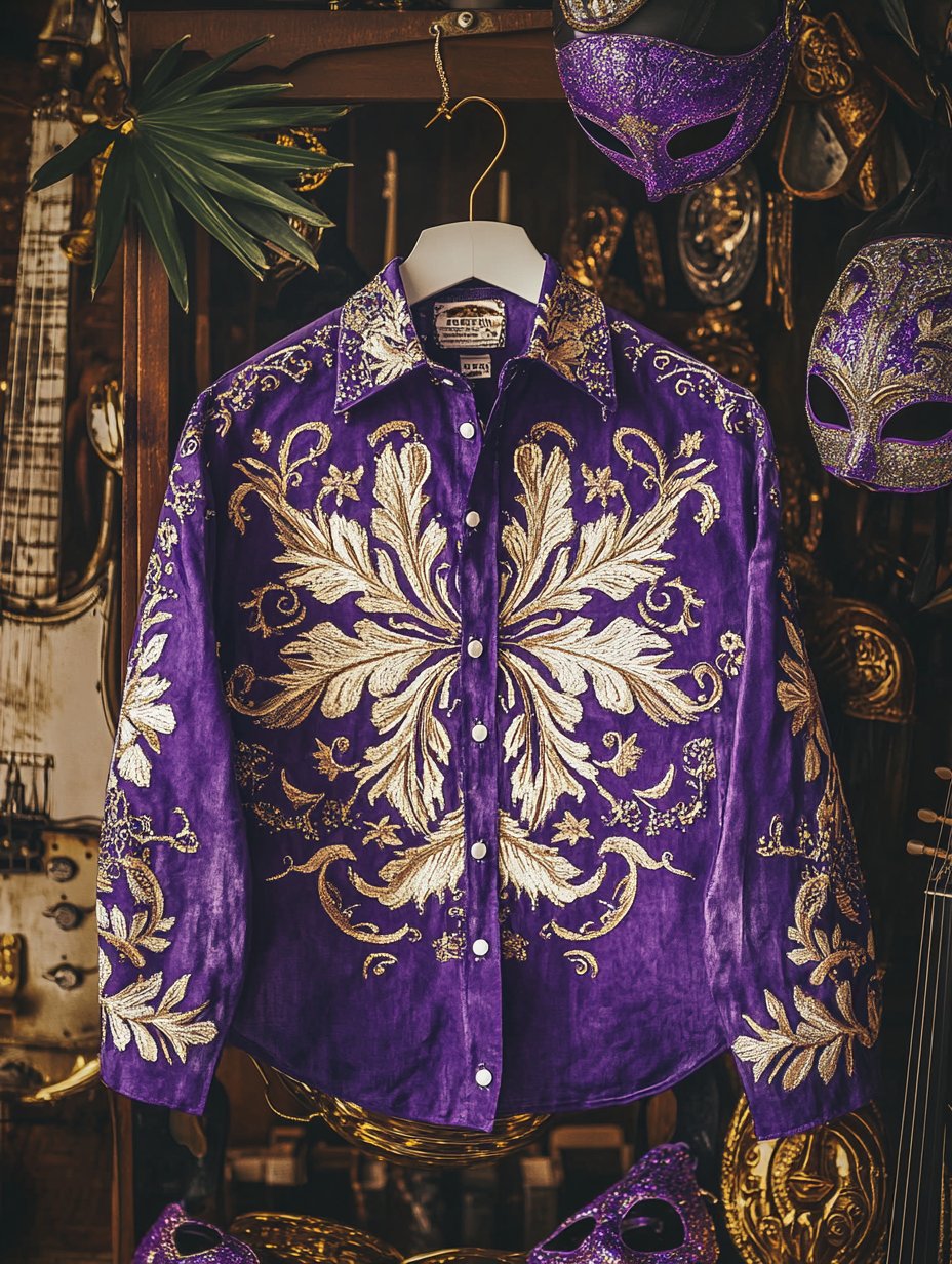 Camisa Purple Mardi Gras Theme de lujo de manga larga para hombre