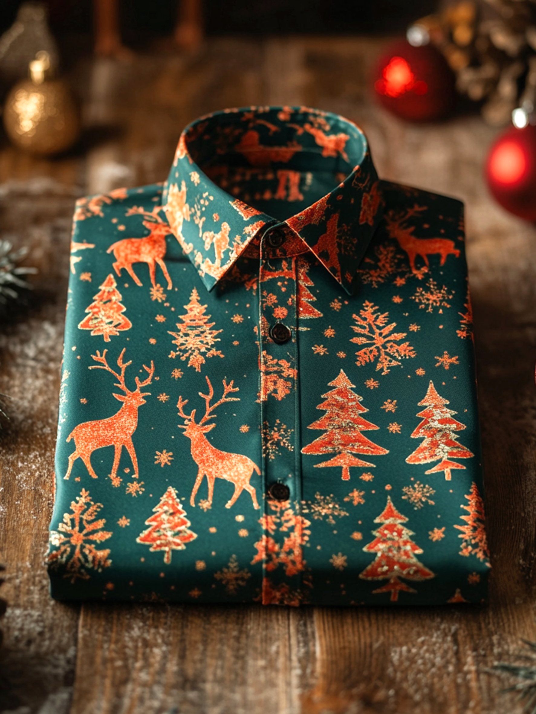 Camisa satén de lujo Christmas Party de manga larga con botones para hombre