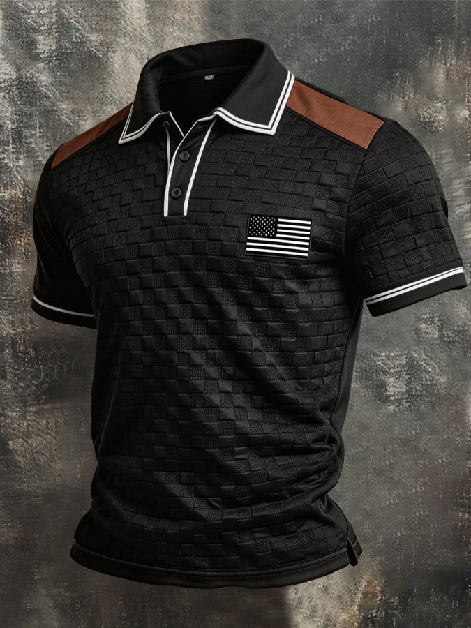 Retro Textured Color-Blocked Polo Collar de manga cortas para hombre