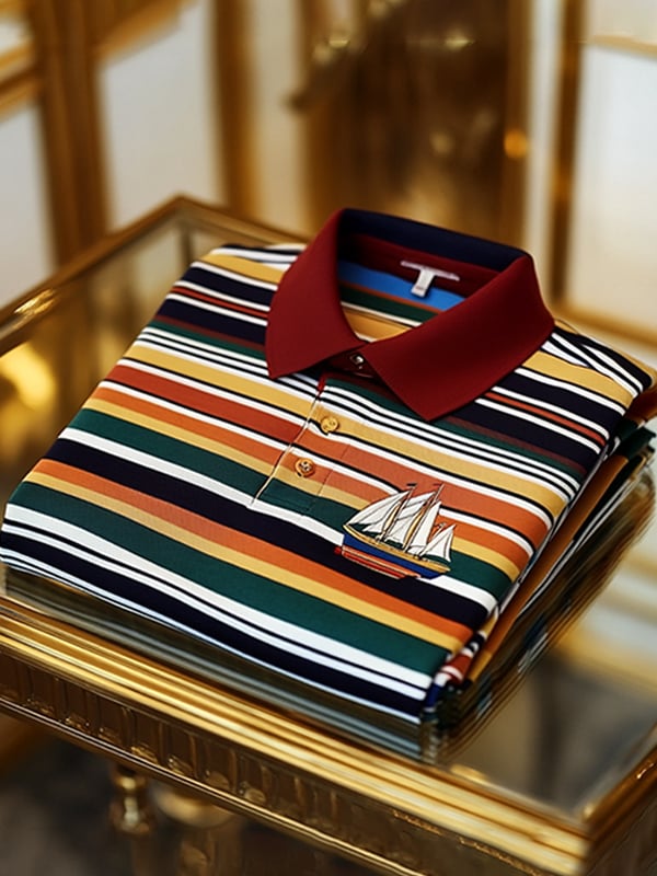 Camisa polo retro ejecutivo rayas estampado de manga larga para hombre