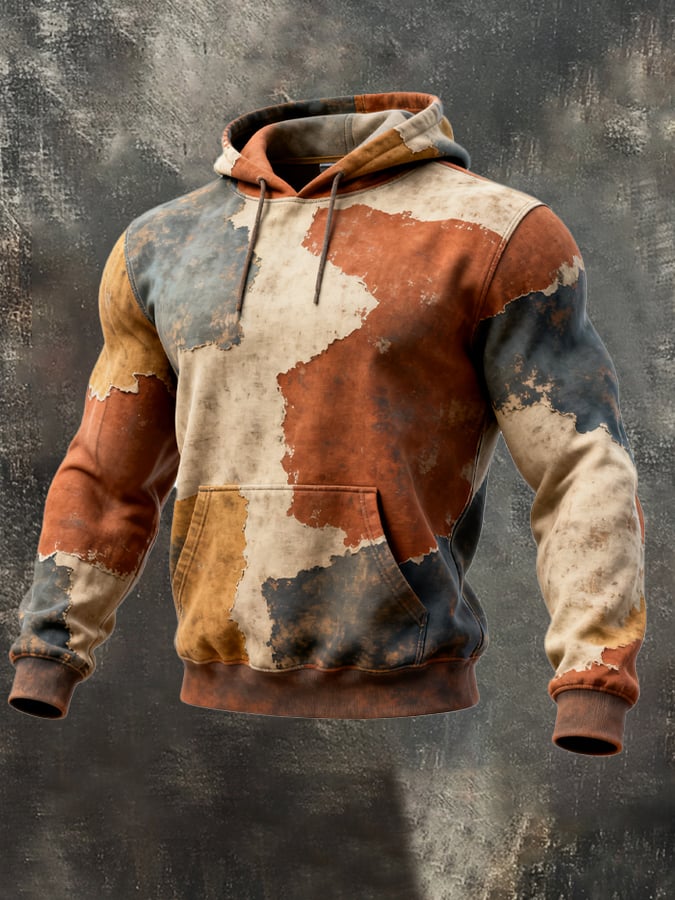 Sudadera retro desgastado en bloques de color estampado casual de manga larga para hombre