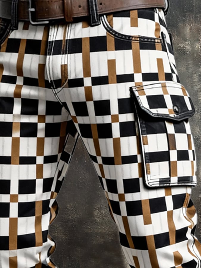 Pantalón retro en bloques de color desgastado bolsillo Cargo para hombre