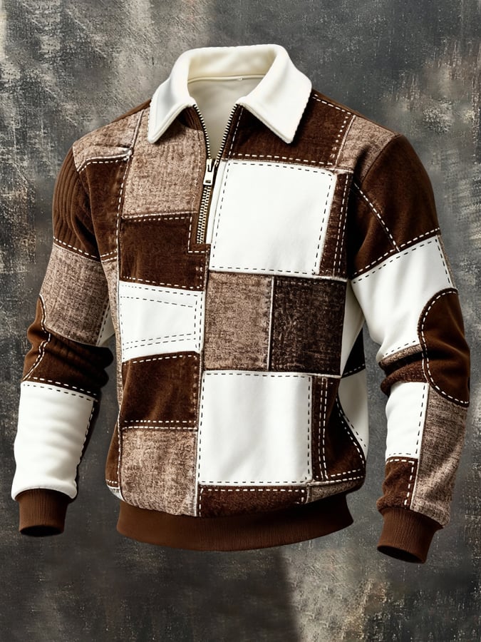 Sudadera retro en bloques de color estampado Color-Blocked con cierre para hombre