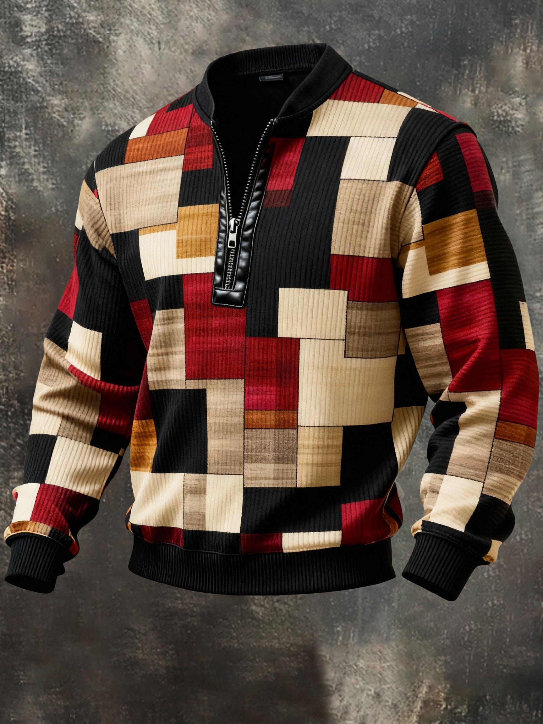 Sudadera casual retro Contrast Color Half Zip Stand cuello de manga larga para hombre