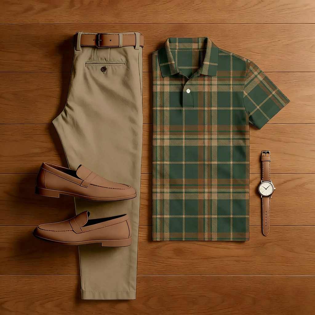 Conjunto de dos piezas casual Green & Brown a cuadros estampado de manga corta camisa polo And Trousers para hombre