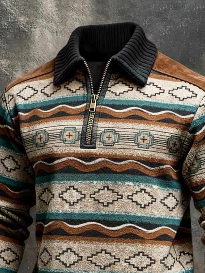 Sudadera retro en bloques de color estampado Color-Blocked con cierre para hombre