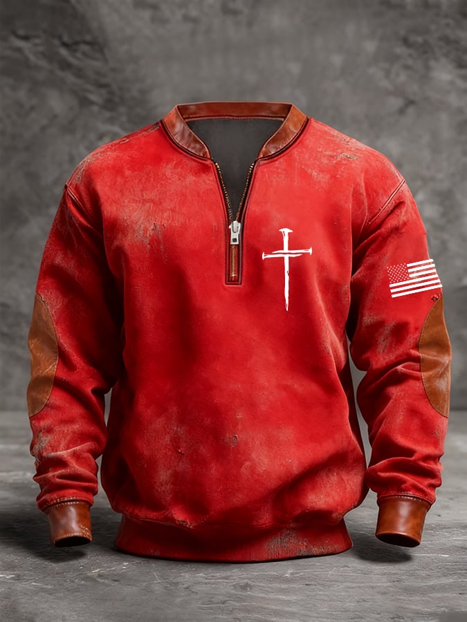 Sudadera retro Faith Cross estampado cierre Stand cuello de manga larga para hombre