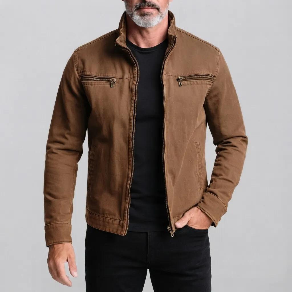 para hombre vintage Army Green Stand Collar Zipper Pockets Slim chaqueta