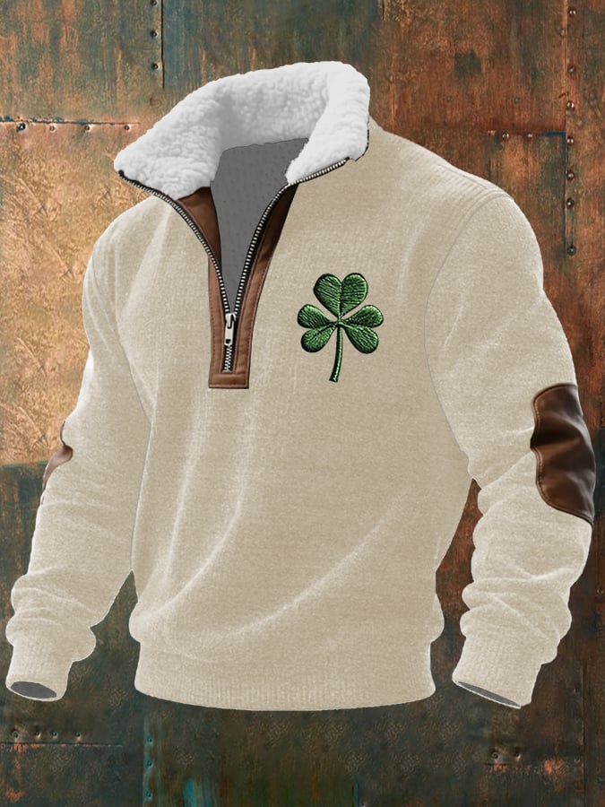 Sudadera vintage St. Patrick's Day estampado de manga larga With Fur cuello para hombre