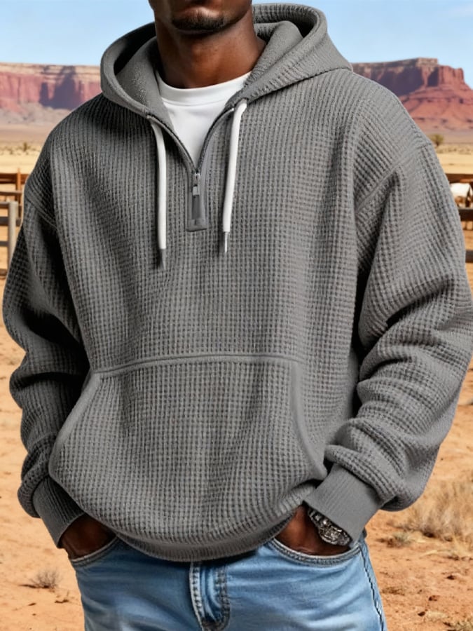 Sudadera vintage para exterior tejido tipo waffle con cierre Hooded para hombre