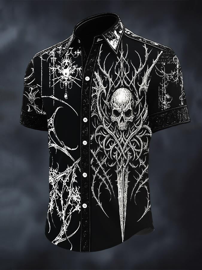 Camisa retro Western Gothic Skull estampado de manga corta para hombre